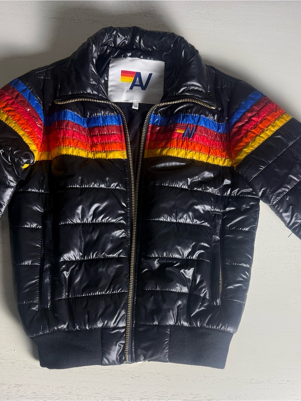 Aviator Nation Black Puffer Jacket with Rainbow Chest Stripes